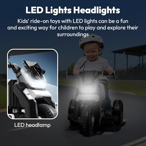 Image of StarAndDaisy Electric Ride-On Bike for Kids, Toddlers & Baby - 3 Wheel Rechargeable 6V Motorcycle with LED Lights, Bluetooth, USB, Foot Acceleration and Comfortable Seat (White)