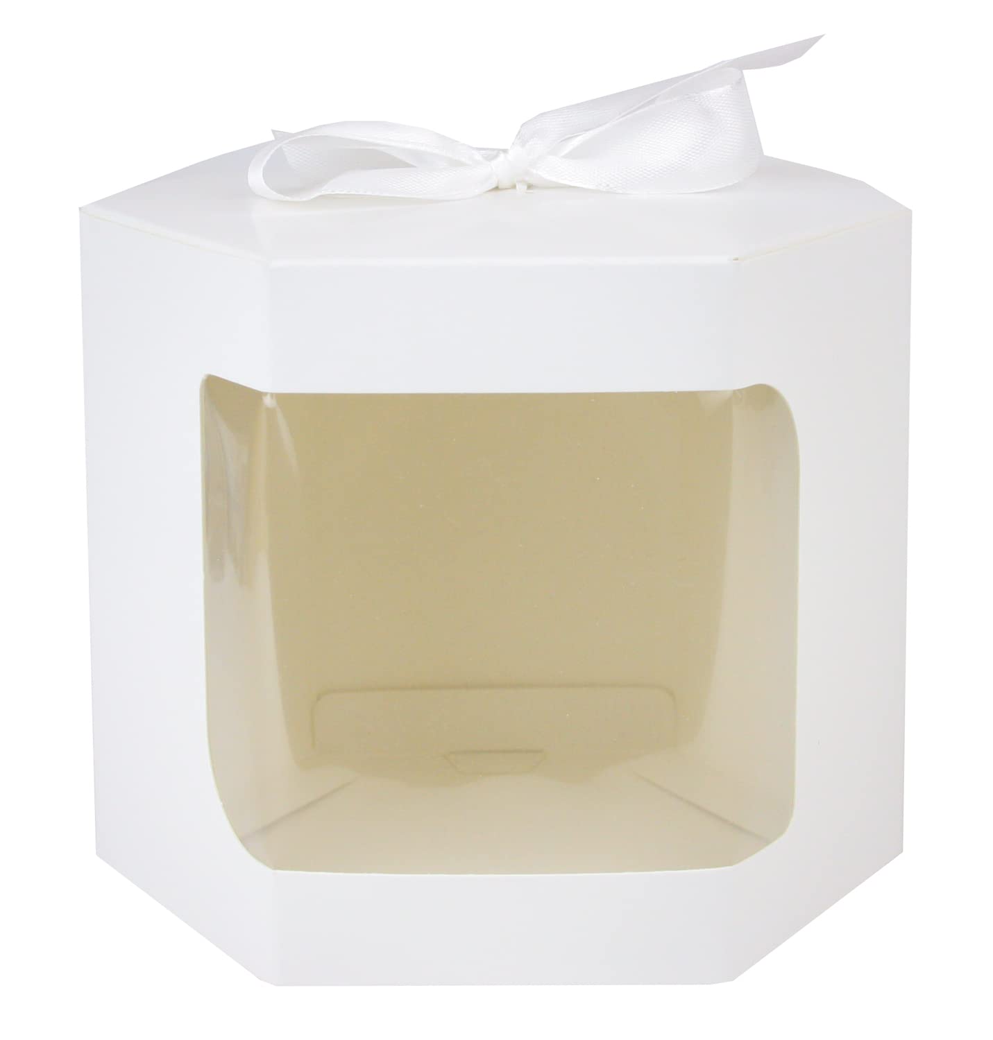 Emartbuy Strong Paper Stand Up Hexagon Gift Bag, 13 cm x 13 cm x 14 cm, White Kraft Bag Cupcakes Cookies Muffin Pie Box with Clear Window and Ivory Ribbon - Pack of 96
