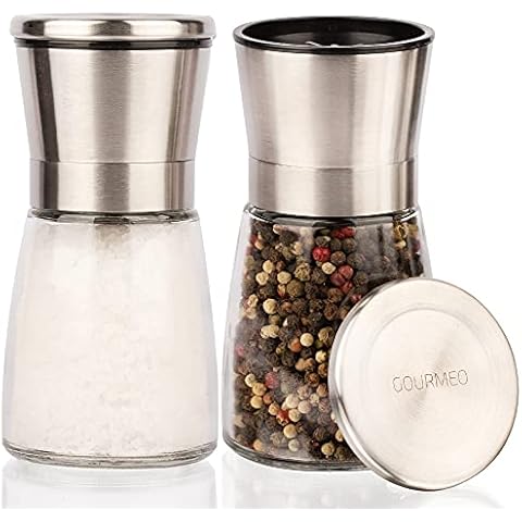 GOURMEO Spice Mill Set of 2 with Adjustable Ceramic Grinder - fine Salt and Pepper Mill Also Made of Stainless Steel - can be Used for Different Spices Cover