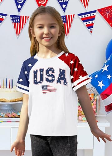 Image of CAZYCHILD Girls 4th of July USA Shirt American Flag Patriotic T-Shirt Independence Day Outfit for Kids 5-14Years