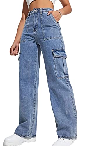Cargo Jeans for Women High Waisted Cargo Pants Y2k Baggy Wide Leg Denim Fashion Trousers Pants with Flap Pockets