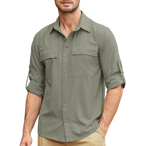 Men's Safari Shirt Long Sleeve UPF 50+ Sun Protection Quick Dry Fishing Hiking Shirt Lightweight Outdoor Travel