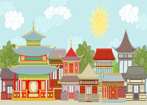 Bâtiments asiatiques traditionnels décor en tissu 3x2m pour shooting photo de fête