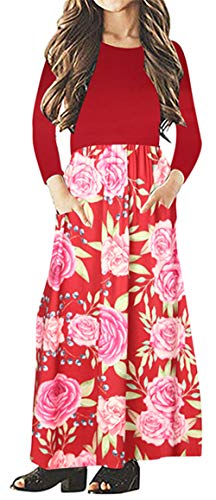 Girls Kids Long Sleeve Dresses Maxi Dress Floral Casual T-Shirt with Pocket Holiday Swing Dresses for Girl's 4-15Y B-red Flower 130CM
