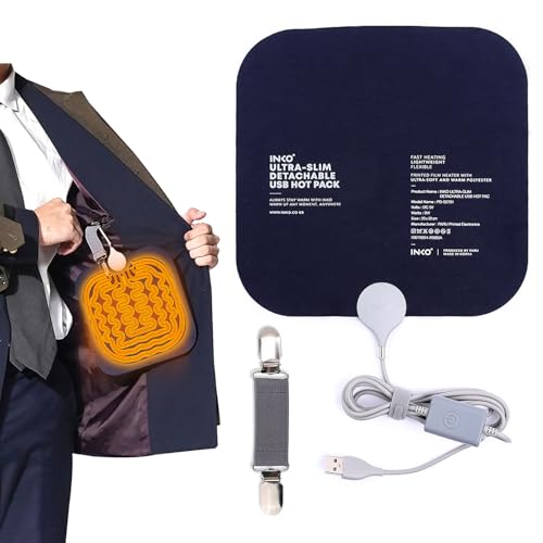 INKO IK07780 USB Wearable Heater, Patent Technology, Warms Up with Ink, Easy to Attach to Clothes, Clip on Clip, 0.04 inch (1 mm), Ultra Thin, Electromagnetic Waves, Free Inner Pad, USB Hot Mat, Cold Protection Goods, Navy