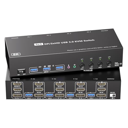 Image of KVM Switch 3 Monitors with Audio, HDMI DisplayPort Triple Monitor KVM Switcher 4 Computers 3 Monitors, Support 8K@30Hz /4k@144Hz for 4 PC Share 3 Display and USB 3.0 Devices