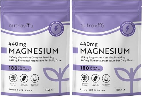 Nutravita 945 mg Complejo de Magnesio – 180 Cápsulas Veganas de Citrato – Alta Absorción, Suplemento Premium de Magnesio – Suministro de 90 Días – Fabricado en el Reino Unido (Paquete de 2)