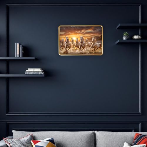 Image of Vastu 7 Seven Running Horse Photo Frame, Golden Slim Frame, Sparkle Coated Lamination, 30x45 cm (Design 15)