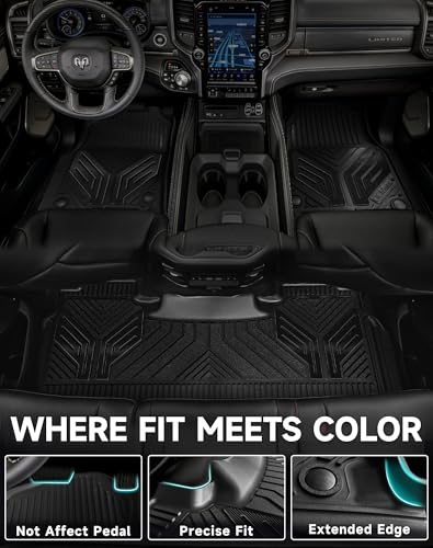 Image of Premium Color TPE Floor Mats for Ram 1500 Crew Cab 2019-2024 | Bucket Seats | All-Weather Custom Fit Floor Liners Full Set | Carbon Fiber Wing Design | No Rear Under-Seat Storage (Not Classic)