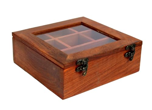 Image of ESPLANADE Wooden Masala Daani Spice Box with Transparent Top | Kitchen Spice Box Set with Wooden Spoon - 8 inch x 8 inch x 3 inch Inches - Brown | Wooden Decorative Box | Spice Organizer