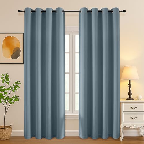 Image of Simplebrand Stone Blue Curtains for Bedroom Living Room 90 Inches Long 2 Panels Set, Room Darkening Thermal Insulated Curtains & Drapes, Solid Grommet Noise Reducing Window Treatment, W50 x L90 Inch