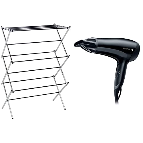 Amazon Basics Foldable Concertina Indoor Airer - Chrome & Remington D3010 Power Dry Lightweight Hair Dryer, 2000 W, Black
