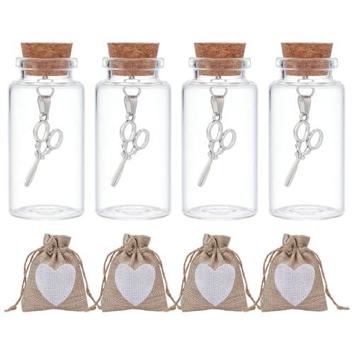 WEBEEDY 4 Pack First Haircut Keepsake Holder Set First Curl Keepsake Glass Jar Hair Memory Bottles with Cork, Scissors Charm & Drawstring Bag, Haircut Teeth Storage Memorial Sentimental Gift for a Mom