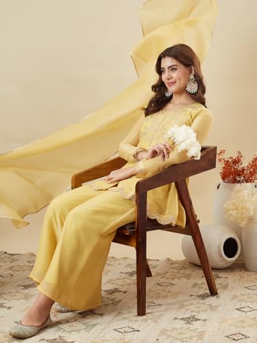 Image of MOKOSH Women's Silk Embroidered Peplum Kurta Sharara with Dupatta | Kurta Set | Ethnic Wear |Round Neck Full Sleeve Kurta | 3 Piece Outfit |Embroidered