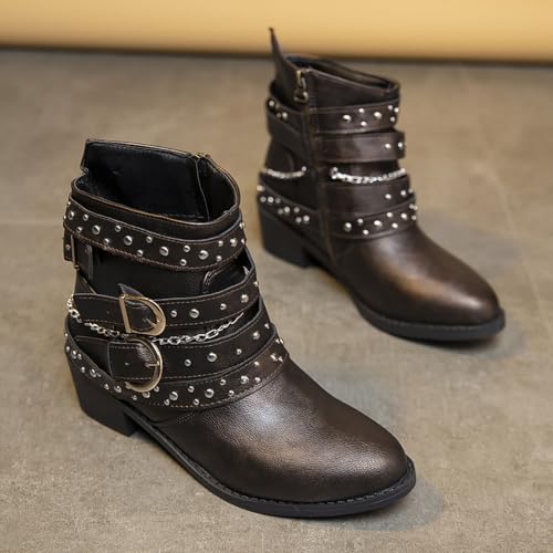 Image of DirraBra Women's Goth Leather Block Heel Ankle Boots Fashion Studded Ankle Strap Trim Punk Boots Winter Side Zipper Motorcycle Short Booties