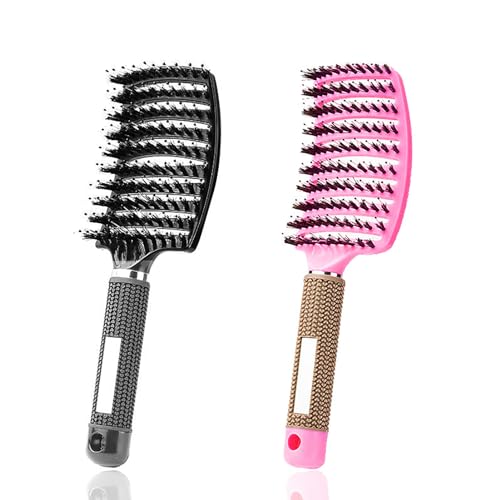 ZMD 2PC Curved Vented Detangling Hair Brush, Boar Bristles Curly Hair Brush, Wet Dry Detangler Hair Brushes for Women/Men/Kids’ Long, Thick, Thin, Curly & Tangled Hair (Pink & Black)