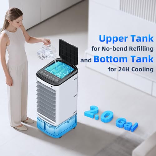 Image of Windowless Portable Air Conditioners w /Dual Tank for 24H Cooling 600Sq.ft, 6 Ice Packs, 4 Modes&3 Speeds Swamp Cooler, 12H Timer 26Ft Remote, 120Swing Evaporative Air Cooler for Room Bedroom