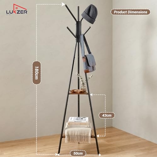 Image of Lukzer 6 Hook Coat Rack Stand with 2 Shelves | Metal Freestanding Coat & Hat Hanger Stand for Clothes, Bags & Umbrella | Space Saving Entryway Organizer for Home (Black Frame with Wooden Shelves)