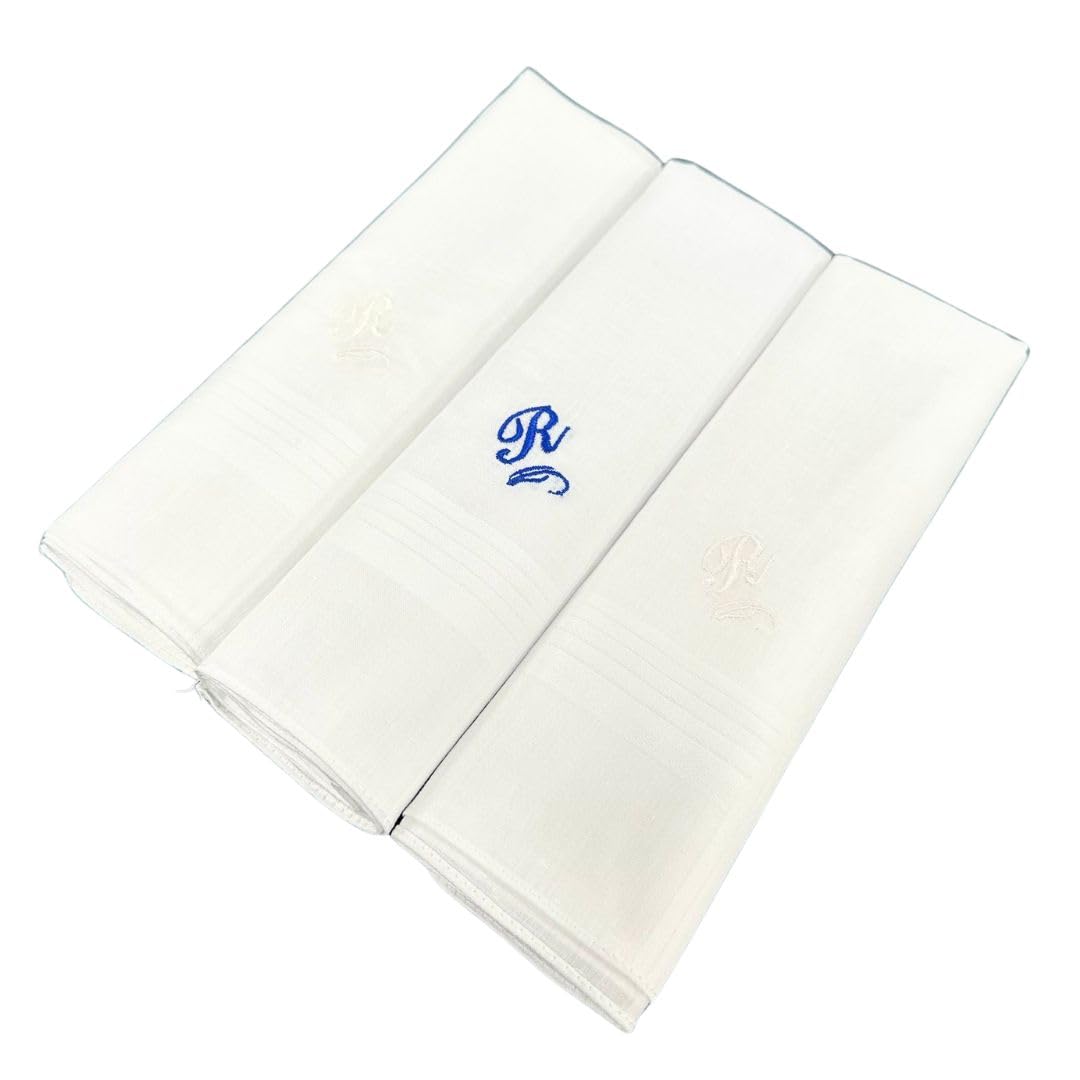 Go West Men's White Alphabet Handkerchief – R Embroidery – 100% Cotton, 40X40 Cm – Hanky- Pack Of 3