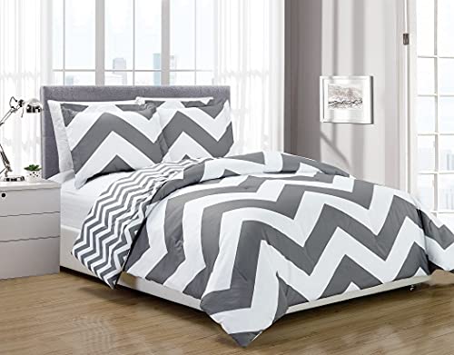 Chezmoi Collection 3-Piece Reversible Chevron Zig Zag Duvet Cover Set with Corner Ties (Queen, Grey)
