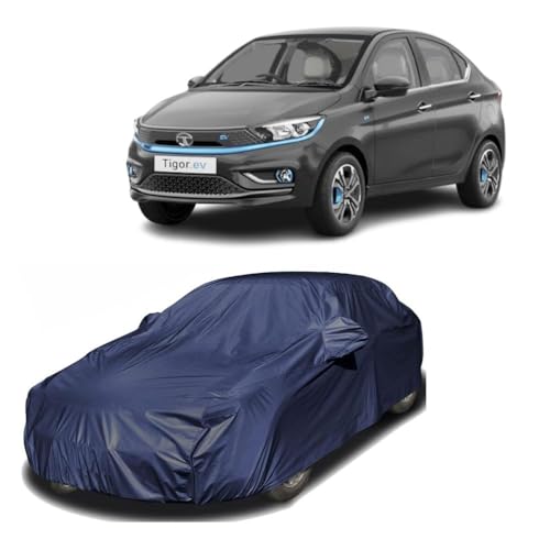 Image of Car Body Cover Compatible with Tata Tigor EV | Water, Dust & UV Protection | Mirror Pockets | Elastic Grip | Triple Stitch Tata Tigor EV Car Cover (Blue)