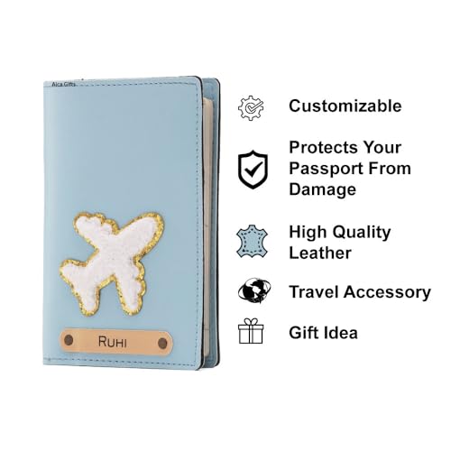 Image of AICA Personalised Name & Embroidery Patch Leather Passport Holder for Men & Women | Gifts for Women| Gift for Man|Passport Cover for Men| Passport Cover for Women (Babyblue)