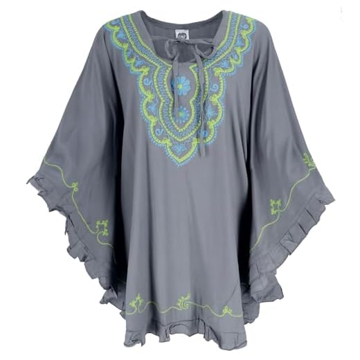 GURU SHOP Bestickter Hippie Poncho, Tunika, Kaftan, Strandkleid, Maxi Größe, Damen, Grau, Synthetisch, Size:One Size, Blusen & Tunikas Alternative Bekleidung