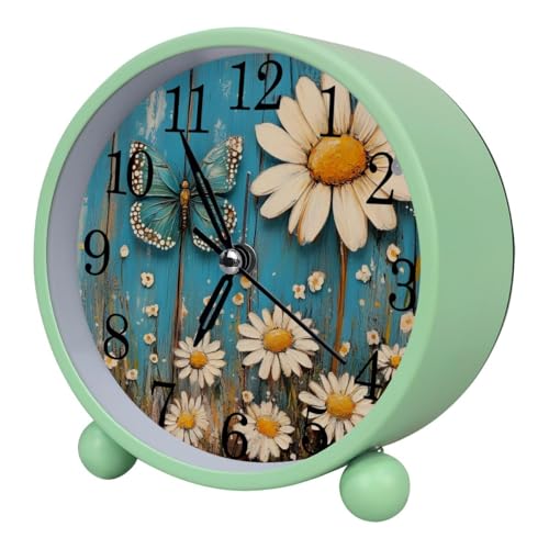 Luoweisi Reloj despertador de madera con margaritas y mariposas en el campo, silencioso, sin tictac, con luz nocturna, reloj despertador redondo de metal para oficina, funciona con pilas, dormitorio
