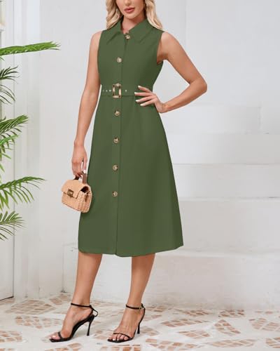 Women's Button Down Shirt Dress Sleeveless Collared A-line Maxi Dress with Belt4