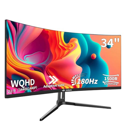 CRUA 34 Inch 180Hz Ultrawide Gaming Monitor, WQHD(3440 * 1440P) 34 Zoll Curved Monitor,99% sRGB,Computer Monitor that Supports AMD Freesync, Wall Mountable Installs(HDMI, DP)-Black