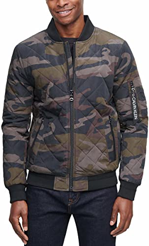 Calvin Klein Mens Lightweight Quilted Bomber Jacket (Olive Camo, Large)
