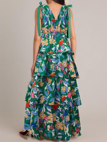 Image of Wenrine Womens Summer Floral Maxi Dress Tie Strap Sleeveless V Neck High Slit Boho Ruffle Tiered Beach Dresses