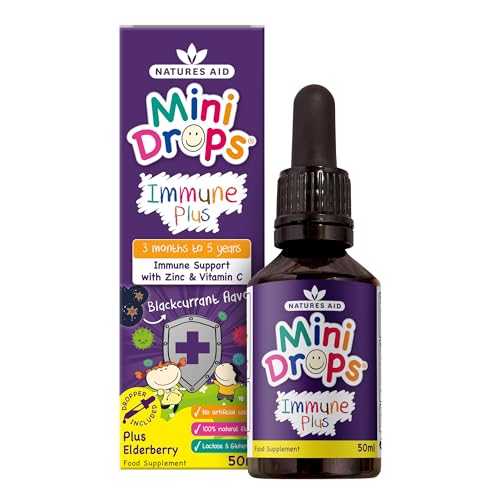 Natures Aid Mini Drops Immune Plus for Kids 50ml - Immune Support with Zinc and Vitamin C - Sugar Free Vegan Non-GMO Natural Supplement for Infants and Children Age 0-5 Years Old - Dropper Included
