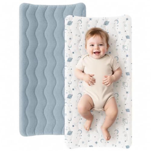Image of Konssy 2 Pack Quilted Muslin Changing Pad Cover, Waterproof Layer 32 inch x 16 inch | 100% Cotton Surface with Silent Protection, Soft Changing Table Sheets, for Baby Boys and Girls (Seamist)