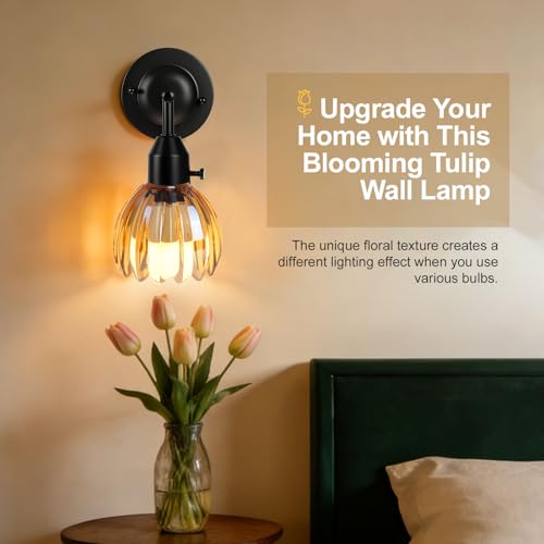 Image of Vintage Wall Sconces with Cute Amber Tulip Glass Lampshade, Black Wall Sconces Hradwired Modern Wall Lighting Fixture with Switch for Bedside Bedroom Living Room Wall Decor