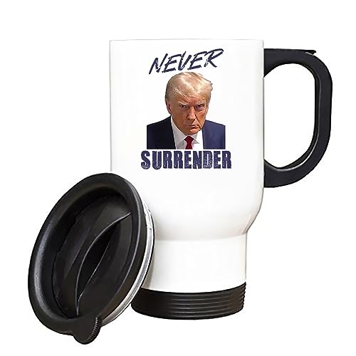 Getagift Never Surrender - Donald Trump Mug Shot Insulated 14oz Travel Mug, Tea, Coffee Mug. (White)