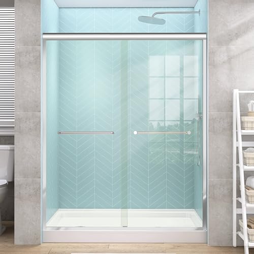 GETPRO Shower Door Double Sliding 56-60 in. W x 72 in. H Semi-Frameless Bypasss Bathroom Glass Shower Sliding Doors,1/4 inch Clear Tempered Glass Door for Walk-in Shower Chrome Finish