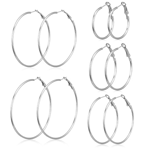 5 Pairs Large Thin Silver Hoop Earrings, Hypo-allergenic Thin Silver Hoop Earrings Set, Lightweight Big Loop Earring Stainless Steel Earings 30/40/50/60/70 mm