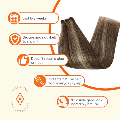 Image of Full Shine Weft Hair Extensions, Brown Sew In Extensions Remy Hair 16 Inch | 105G Sew In Remy Hair, Color Medium Brown Highlight Honey Blonde, Straight Hair Weft, Add Length And Volume, Office Styling