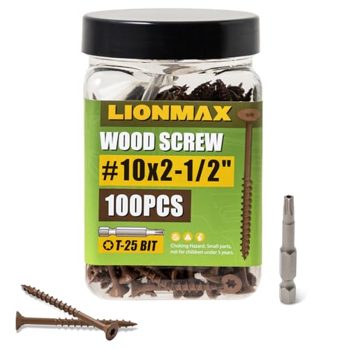 Image of LIONMAX Wood Screws 2-1 /2 Inch, Deck Screws #10 x 2-1 /2 inch, 100 PCS, Rust Resistant, Epoxy Coated, Exterior Wood Screw, Outdoor Decking Screws, Torx /Star Drive Head, T25 Star Bit Included, Brown