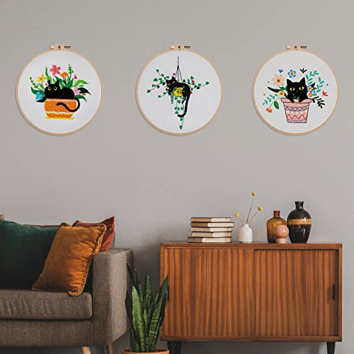 Nuberlic 3 Sets Cute Cat Embroidery Kit For Adults Beginners, Stamped Cross Stitch Starter Kits Include Embroidery Needlepoint Cloth Hoops Needles Threads And Instruction #TOP6