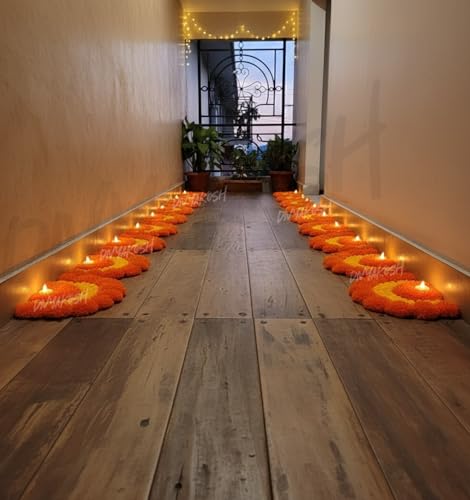 Image of Divyakosh Decorative LED Floor Rangoli Set, Orange and Yellow Design, 6 Pieces with Led Tea Lights, Traditional Diwali Decor