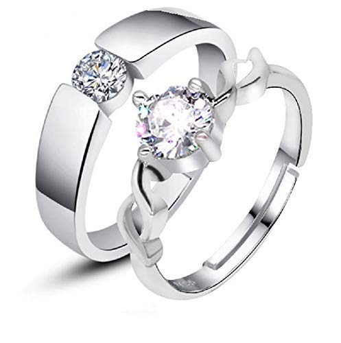 MEENAZ Couple Rings Crown King Queen Stylish Valentine Jewellery American Diamond Adjustable Love Heart Silver Finger Ring Set Combo for Women Girls Men Boys Girlfriend Lovers -CFR-M154