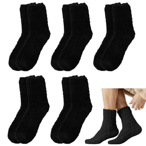 SMYJDMM Calcetines negros esponjosos, 5 pares/10 unidades, calcetines de forro polar coral, cálidos, gruesos, suaves, peludos, negros, para mujeres y hombres, calcetines negros esponjosos para dormir