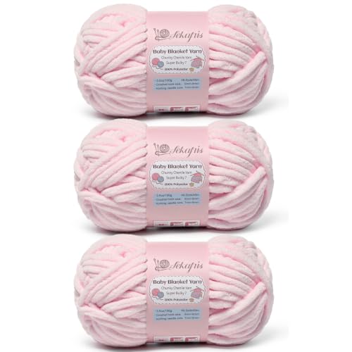 Image of 10.58 oz /147.6 yds Chunky Chenille Yarn for Crocheting, #7 Super Bulky Baby Blanket Yarn for Crocheting Soft, Fluffy Velvet Yarn for Knitting, Amigurumi Crochet Yarn for Crafts (3 Light Pink)