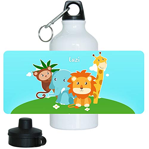 Trinkflasche mit Namen Luzi und Tier-Motiv mit AFFE, Elefant, Löwe und Giraffe für Mädchen | Motiv-Trinkflasche | Kinder-Aluflasche