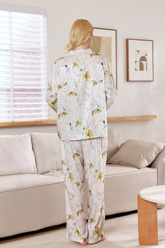 Image of YiNi LuLu Womens Silk Satin Pajamas Set Button Down 2 Piece Pjs Long Sleeve Oversized Sleepwear with Pockets
