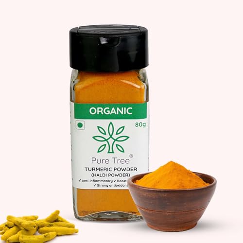 Image of Pure Tree Certified Organic Haldi Powder | 80 g | Glass Jar | Turmeric Powder | Spice Masala Powder Raw for Milk | Strong Antioxidant
