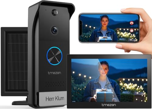 TMEZON Visiophone sans Fil avec Panneau Solaire,Kit Interphone Vidéo WiFi 1080P, Ecran Tactile Couleur 7’’, Sonnette Vidéo Extérieur,Audio Bidirectionnel,WiFi...