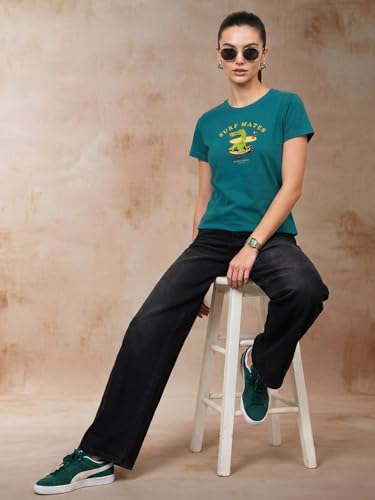 Image of JUNEBERRY Women's Regular Fit Printed Tee - 100% Pure Cotton, Round Neck, Half Sleeve Graphic T-Shirt for Daily Use (Colors: Red, Brown, Green & Future Dusk)